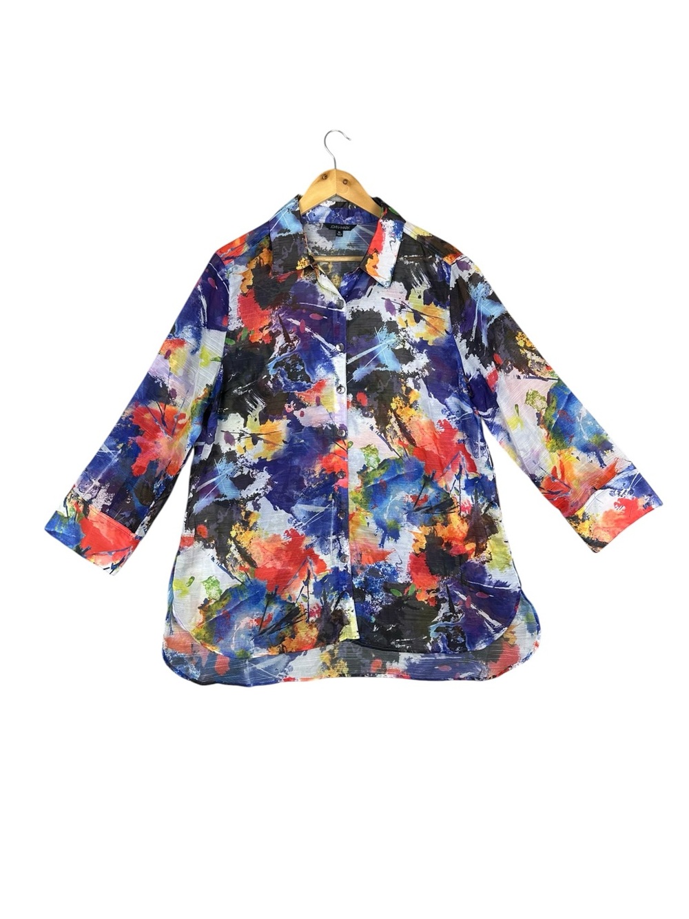 John Mark Womens XL  Abstract Art To Wear Button Up 3/4 Sleeve Tunic Artsy Sheer